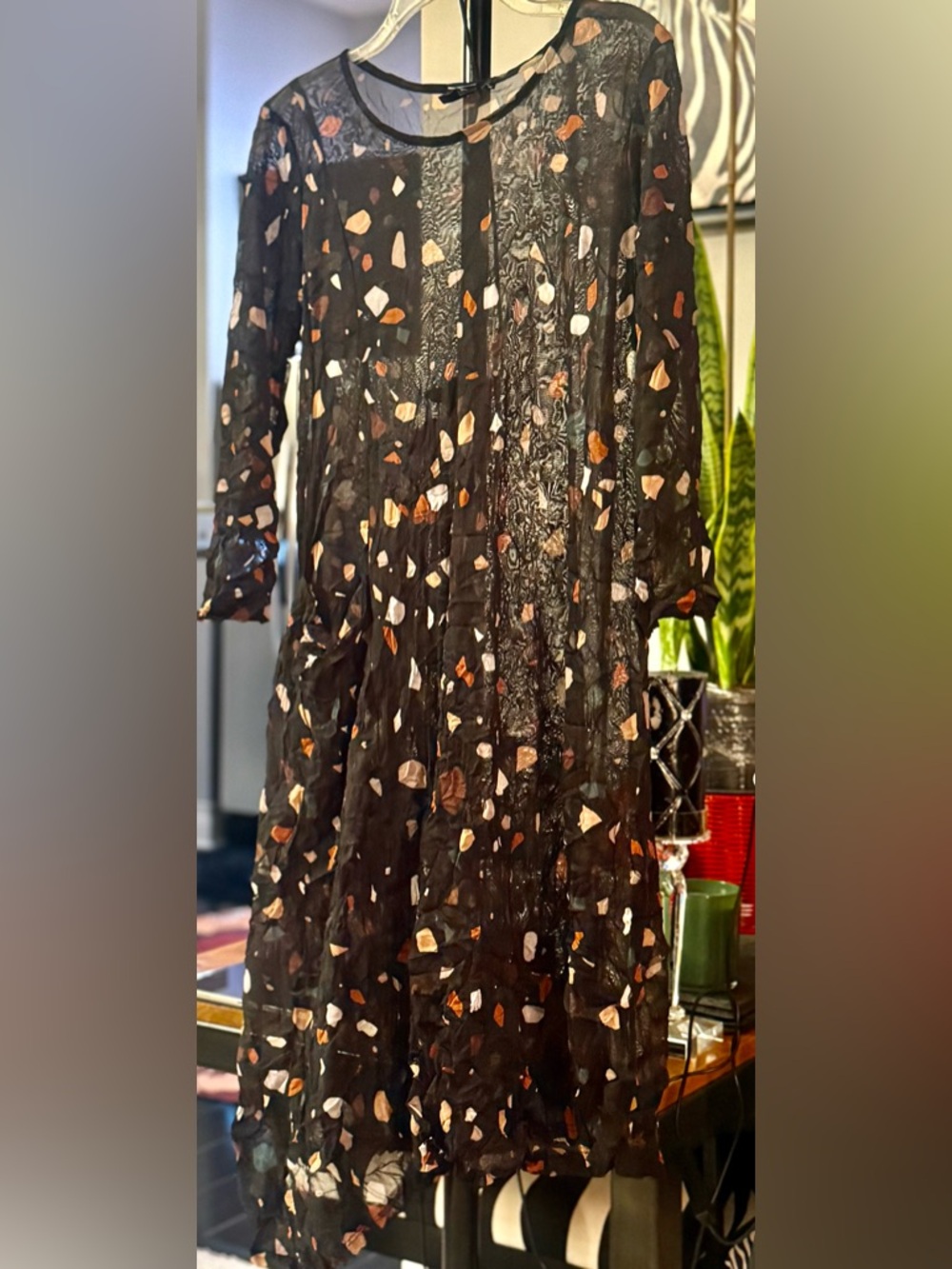 Black Long-Sleeve Sheer Dress with Multi-Colored Confetti Print